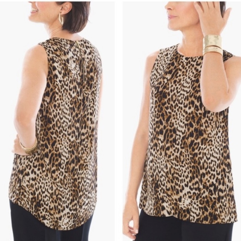 Chicos Leopard Statement Print Sleeveless Hi Lo Back Zipper Blouse